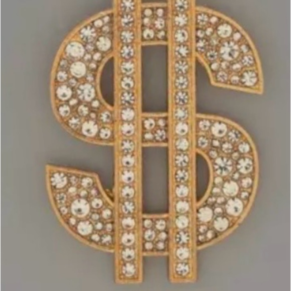 Rhinestone Bling Dollar Sign Brooch, Lapel Goldtone Pin for jackets, backpacks